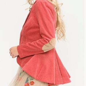 Aratta Anthropologie Pink Corduroy 'Alexander' Jacket Tan Elbows Floral Lined M